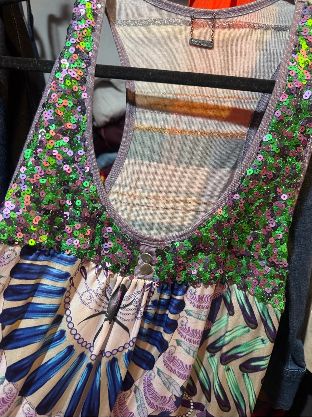 Custo Barcelona Green and Purple Sequin Tank Dress with Patterned Skirt